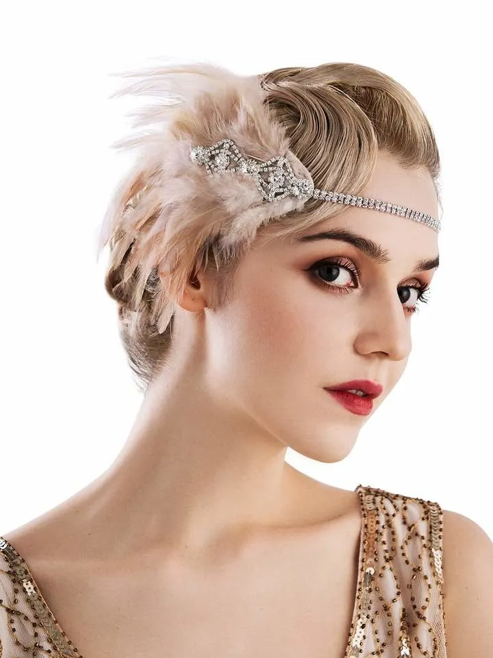 Flapper Headband 1920s Headpiece Rhinestone Feather Hair Accessories for Women