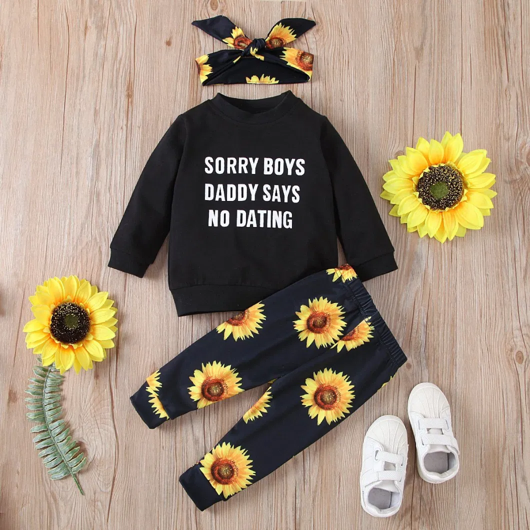 Children Clothes Set Letter Print Long Sleeve Sweatshirt Top and Sunflower Long Pants with Bow Headband Kids Casual Winter Outfit Esg16497