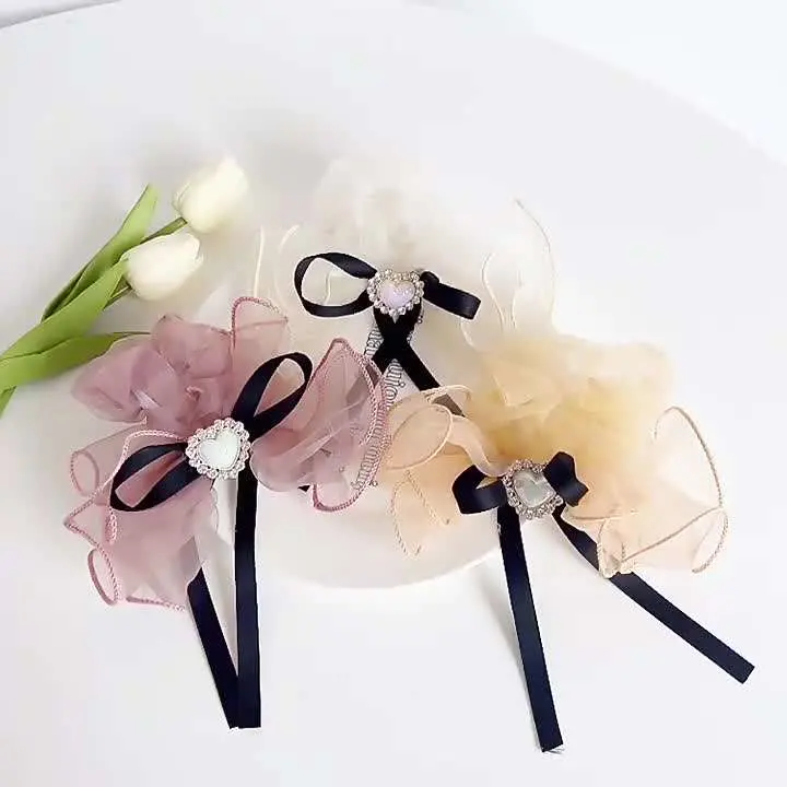 Organza Ladies Ponytail Hair Ties Small Fragrance Rhinestone Love Ribbon Band