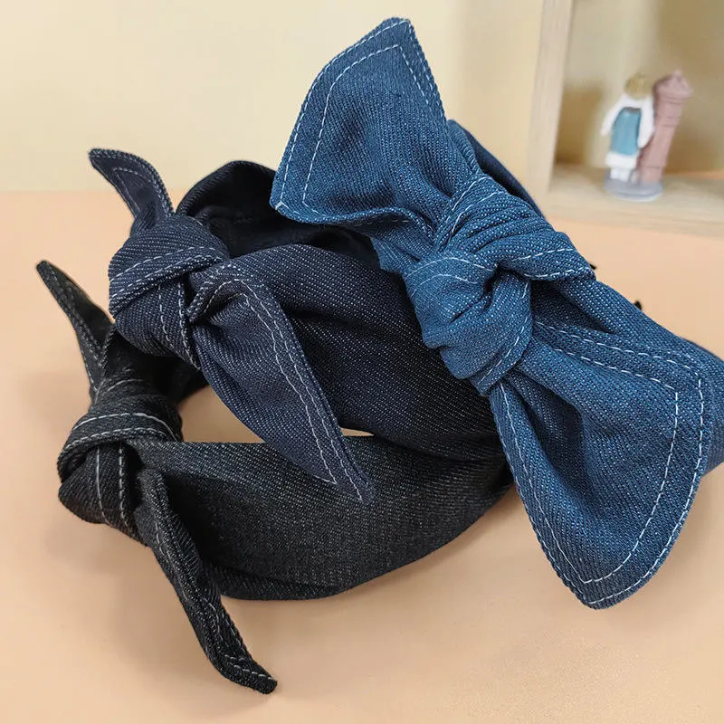 New Simple Temperament Denim Fabric Headband Art Variety of Rabbit Ears Bow Tie Hair Band