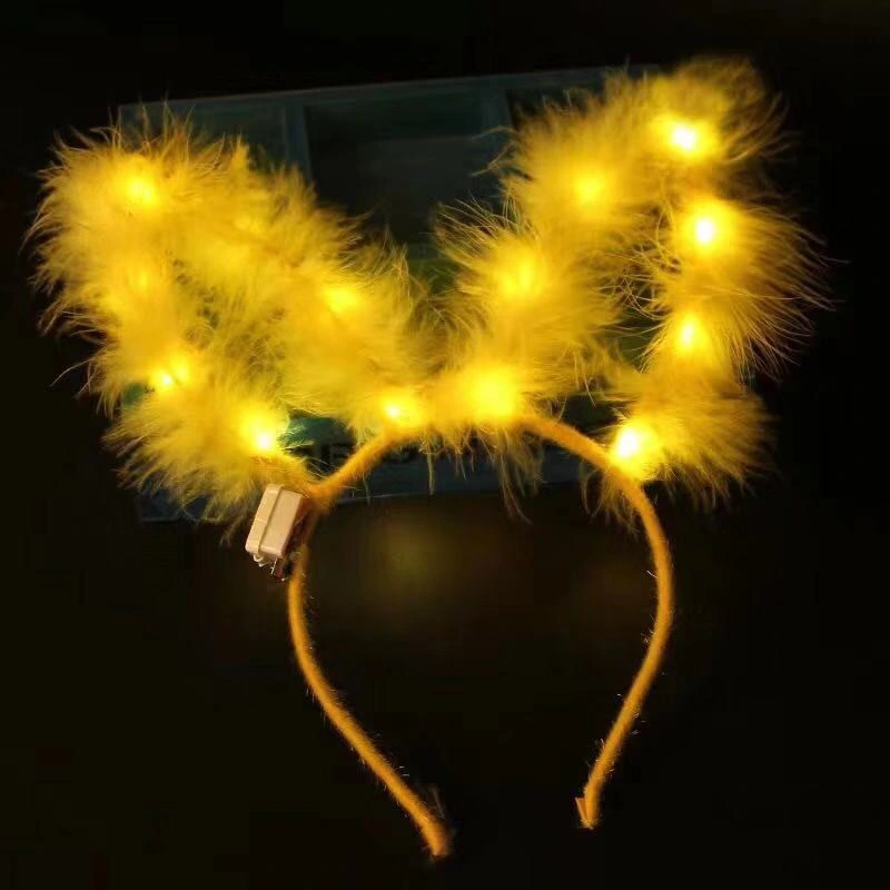 Glowing Feathered Rabbit Ears Glowing Plush Gold Wire Cat Ear Headband