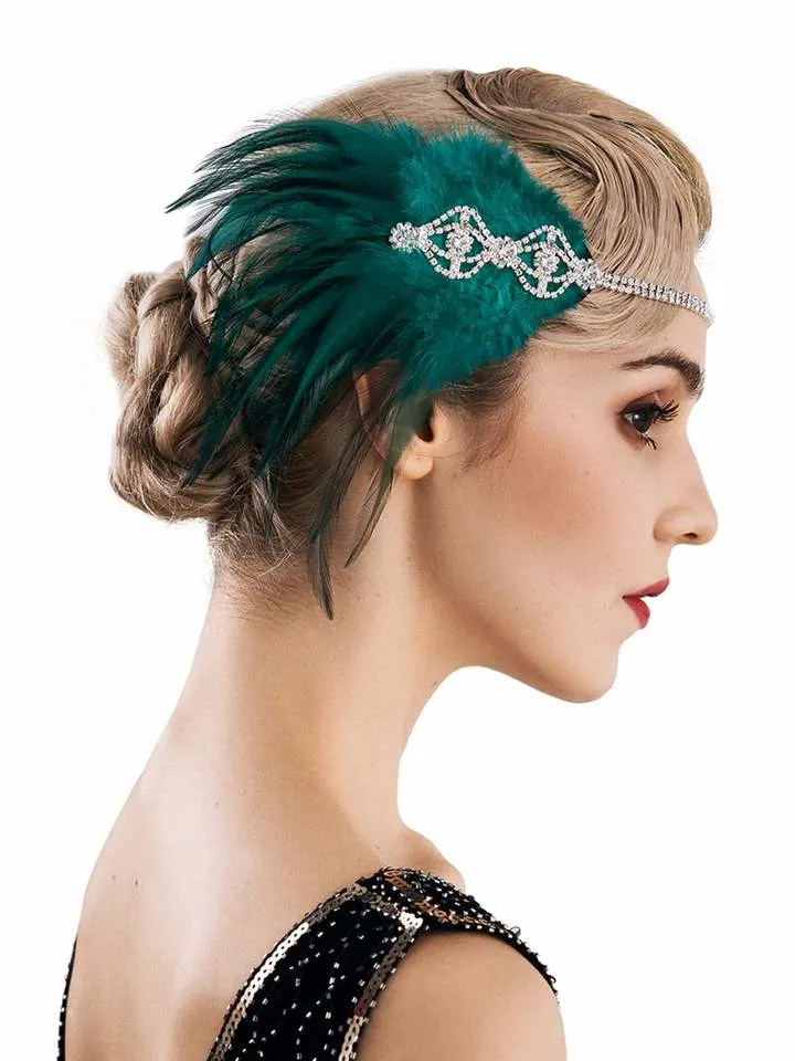 Flapper Headband 1920s Headpiece Rhinestone Feather Hair Accessories for Women