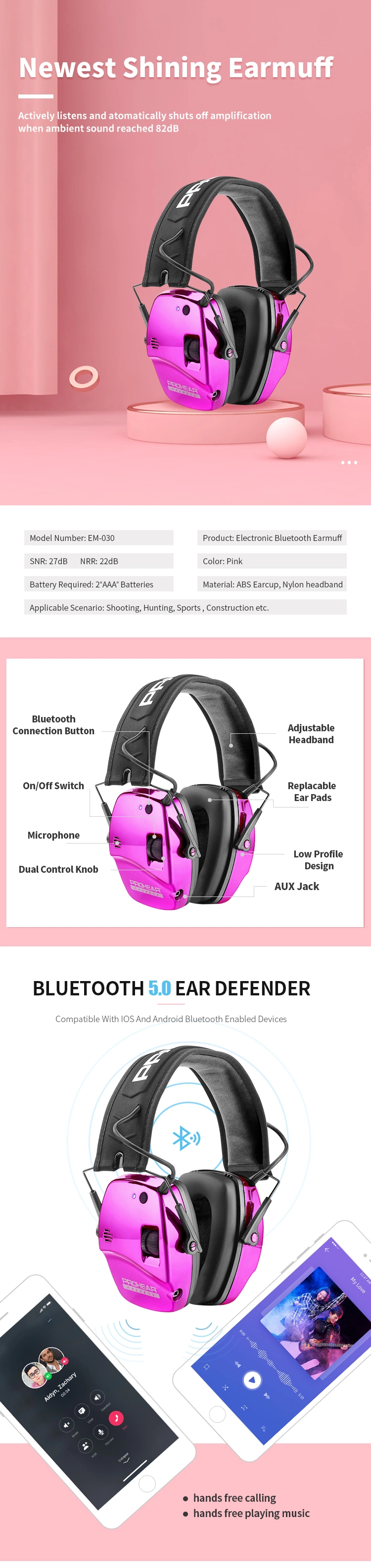 ZH EM030 Factory Supply Noise Cancelling Comfortable Ear Protection Bluetooth Shooting Earmuff Ear Protector Headset Earmuff