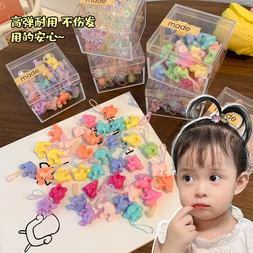 48PCS Set Box Packaging Kids Hair Ring Cute Crown Bear Flower Colorful Elastic Rubber Band