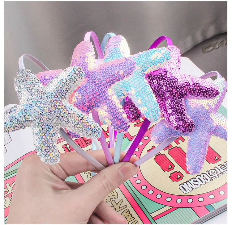 Wholesale Sweet Rainbow Sequins Starfish Mermaid Headband Kids Hair Accessories