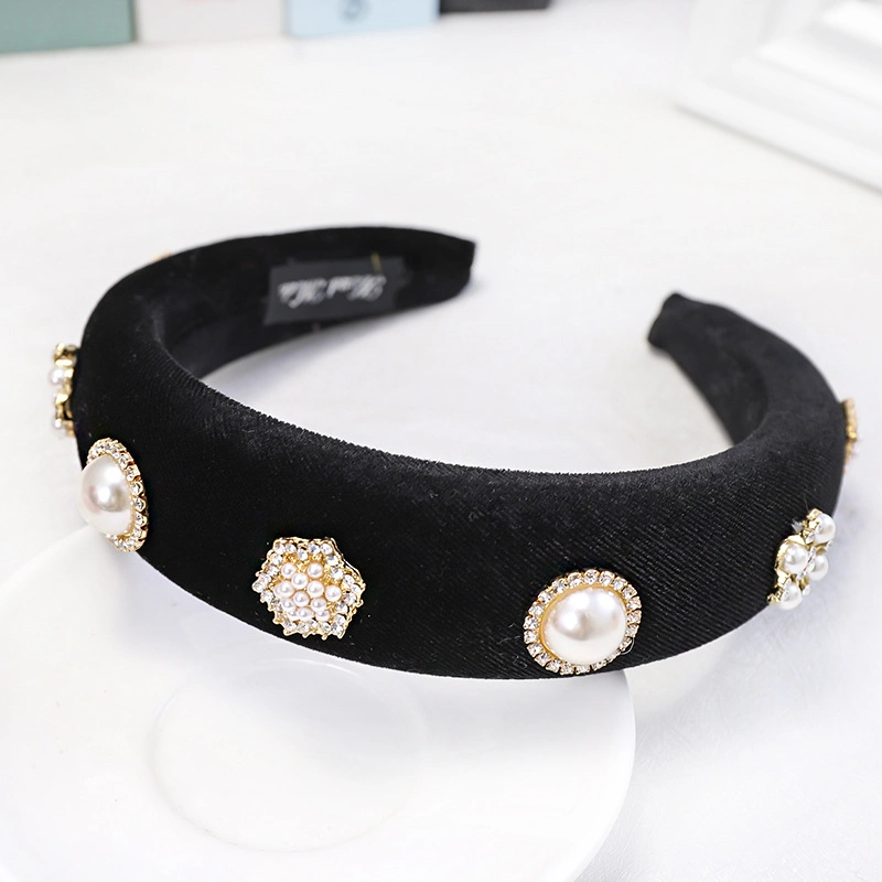 Hot Sponge Wide Edge Hair Band Simple and Versatile Pearl Rhinestone Velvet Headband