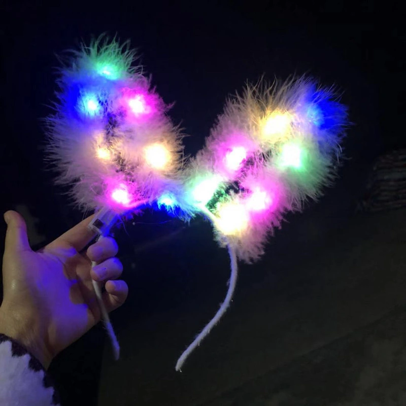 Glowing Feathered Rabbit Ears Glowing Plush Gold Wire Cat Ear Headband