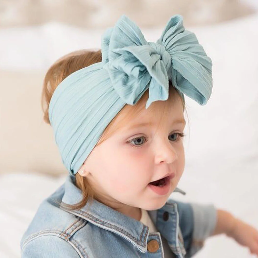 Hot Sell Baby Ribbed Large Bow Head Wrap Candy Color Printed Flower Baby Headband Princess Baby Hair Accessories