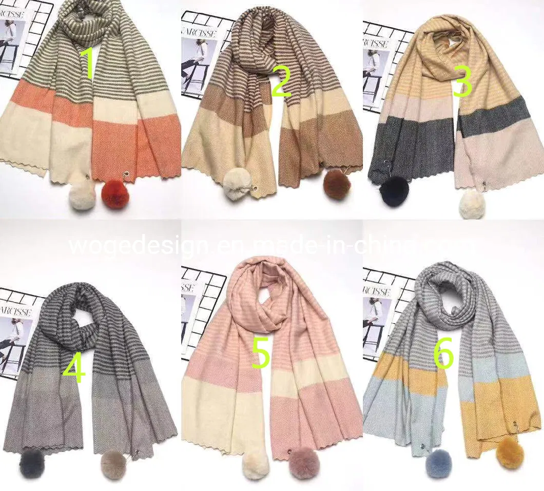 Hot Sales Yiwu Supplier Long Designer Zigzag Winter Pashmina Scarves with Real Rabbit Fur Pomom