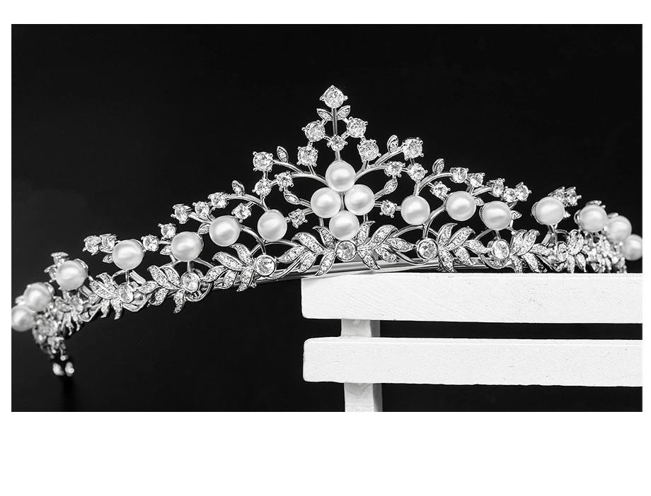 Jade Angel Imitation Pearl Crown Headband Elegant Cubic Zirconia Silver Plated Brass Quinceanera Tiaras Headband for Women Gift