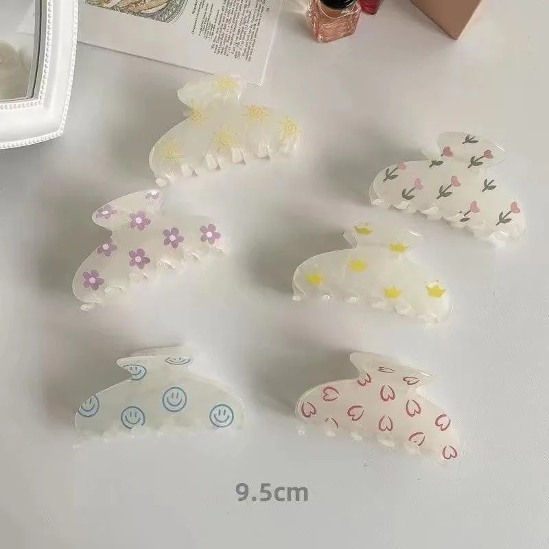 Acetate Print Smiley Face Hair Clip Cute Little Flower Fresh Girl Ponytail Hair Claw Clips