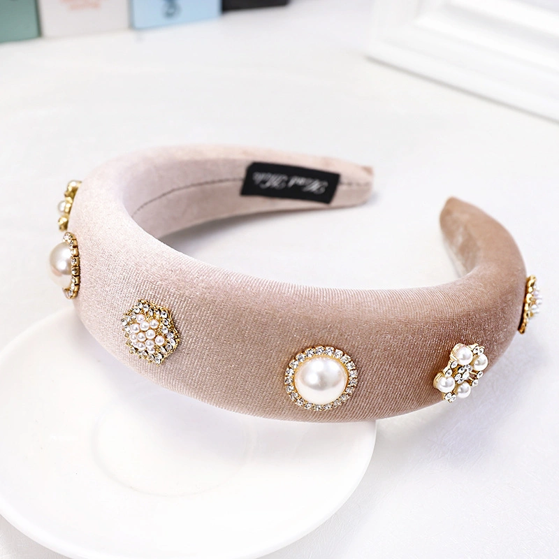 Hot Sponge Wide Edge Hair Band Simple and Versatile Pearl Rhinestone Velvet Headband