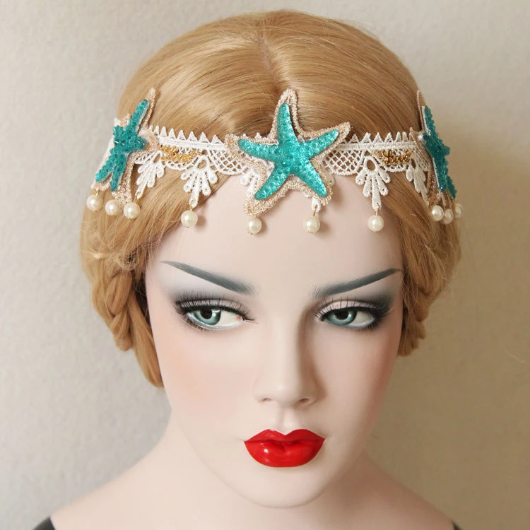 Holiday Tiara Lace Starfish Pearl Headband Christmas Wreath Forehead Front Band Ornament