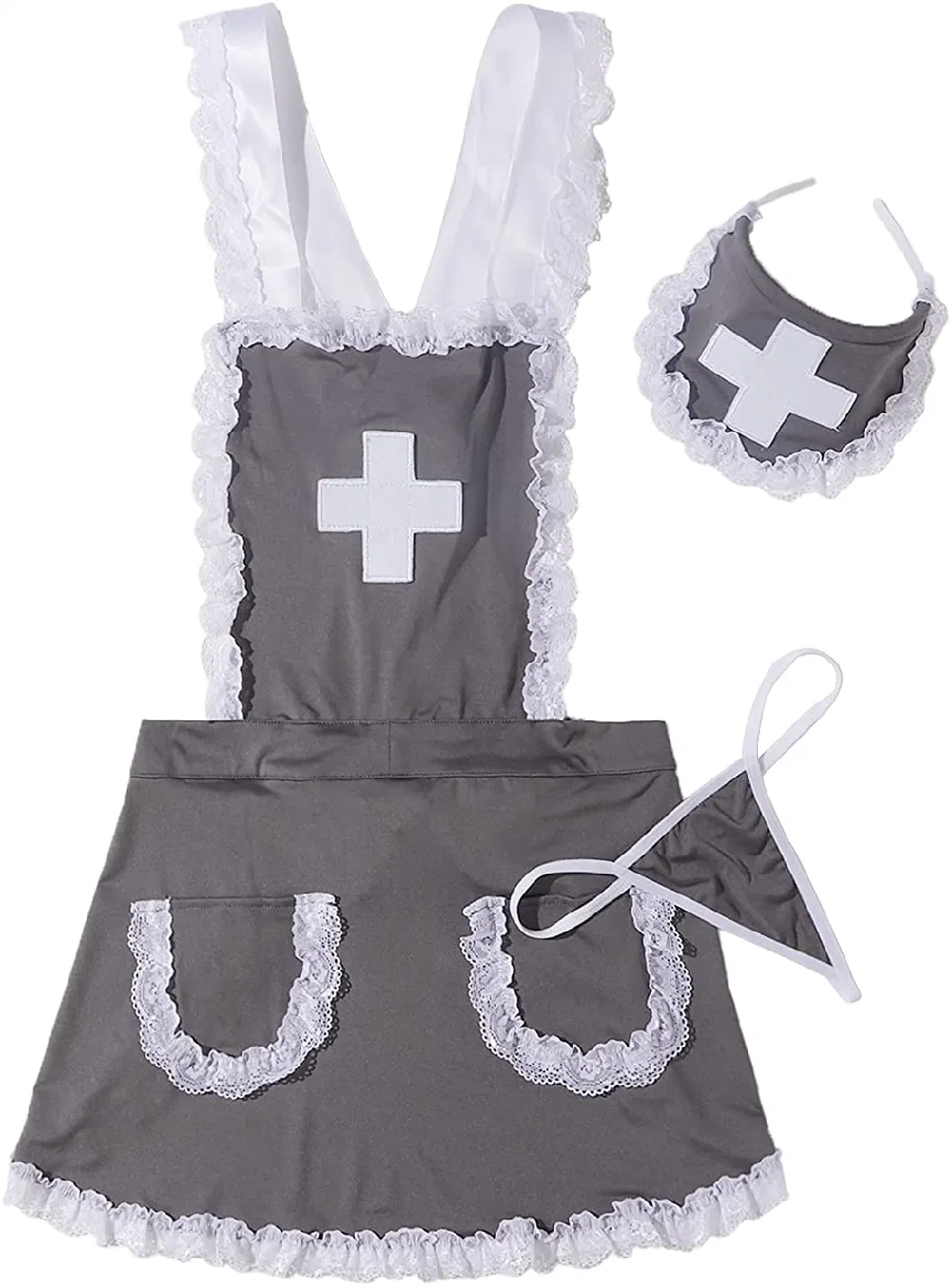 Women Lace Trim Tie Back Nurse Lingerie Costume Dress with Headband