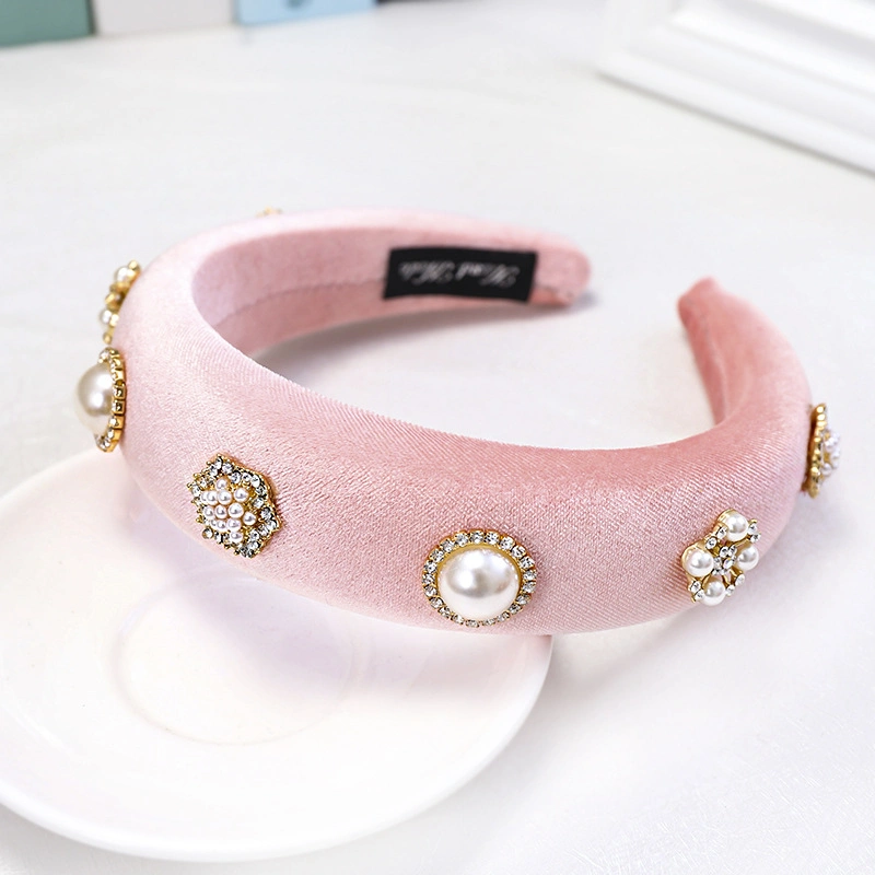 Hot Sponge Wide Edge Hair Band Simple and Versatile Pearl Rhinestone Velvet Headband