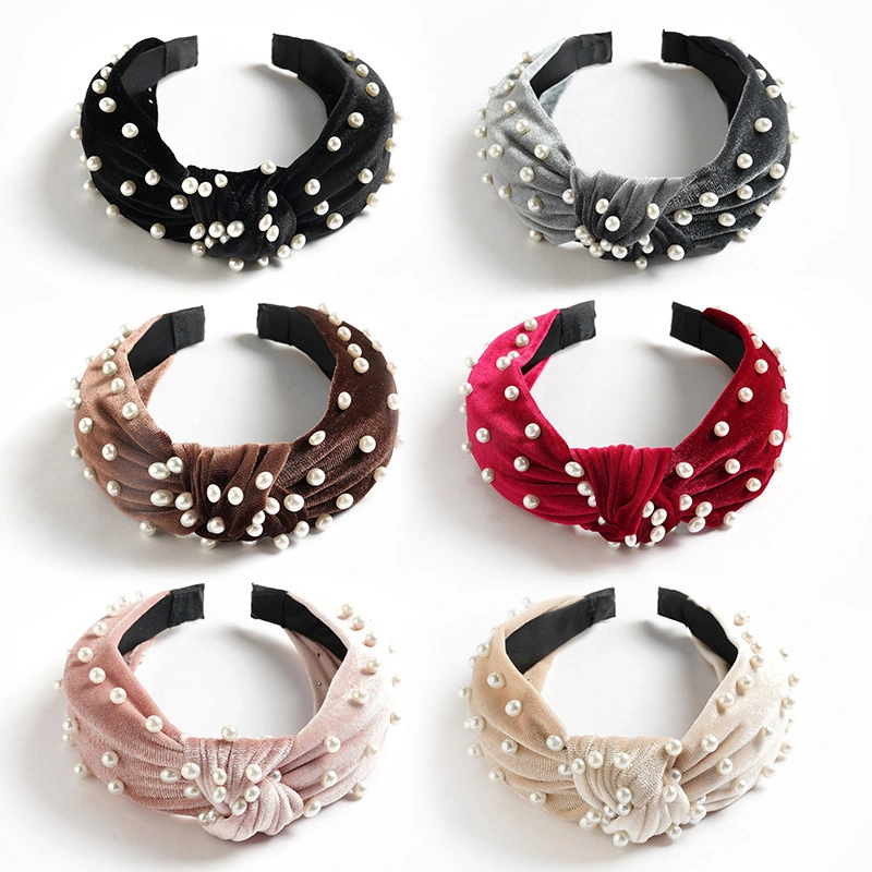 Fashion Jewelry Knot Pearl Women Hair Band Wide Velvet Pearl Knot Headband