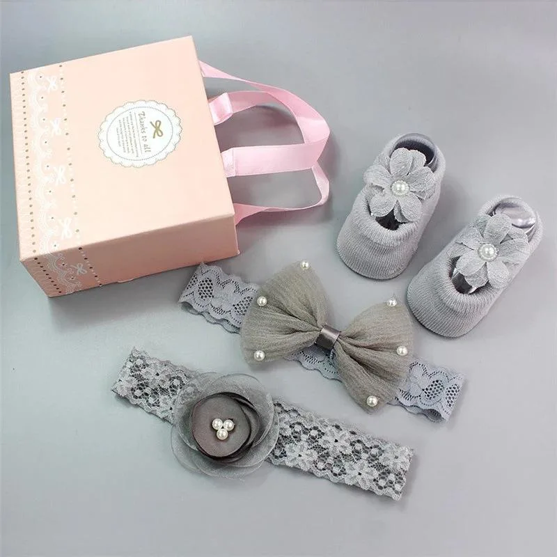 Popular Baby Hair Band Socks Set Baby Bow Soft Flower Girl Lace Crown Hairbands