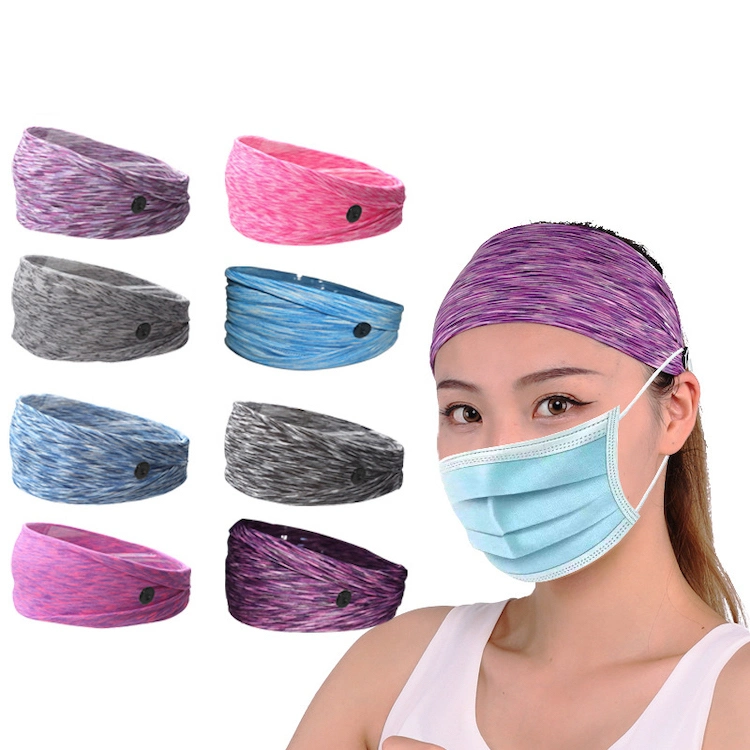 Non Slip Button Hairbands for Nurses and Doctors Face Mask, Moisture Wicking Sweatband Sports Head Wrap Headband with Buttons for Yoga Sports Outdoor Activities