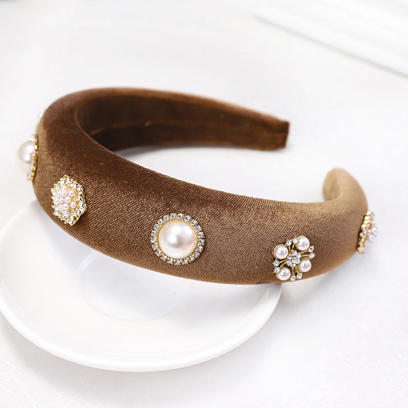 Hot Sponge Wide Edge Hair Band Simple and Versatile Pearl Rhinestone Velvet Headband