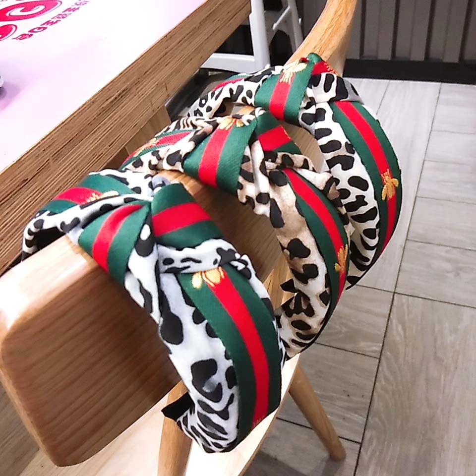 Wholesale Fashion Retro Leopard Printing Fabric Headdress Wide Side Stitching Solid Color Stripe Cloth Cross Knotted Hair Bands