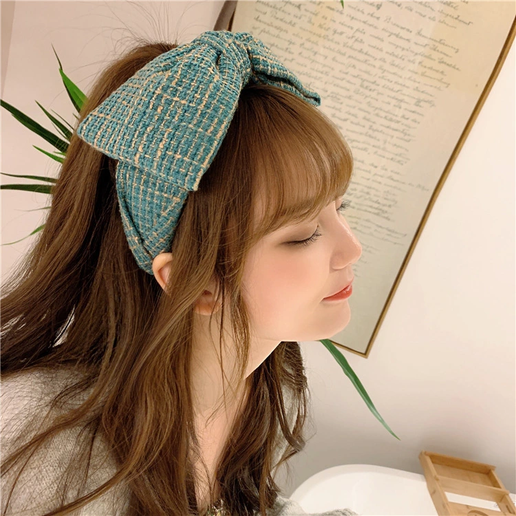 Korean Style Large Bow Headband Vintage High Skull Top Hair Band Plaid Wash Face Shows Small Hair Bands