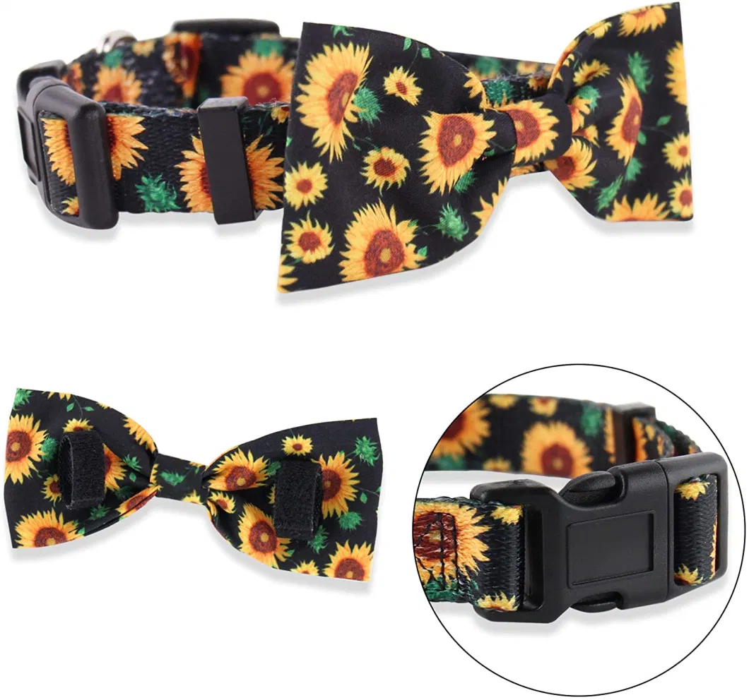 1-Sunflower in Black Bow Tie Dog Collar and Leash Set,Adjustable Cute Plaid Soft Dog Bowtie Collar Bandana and Leash, Dog Accessories for Small Medium Dogs Cats