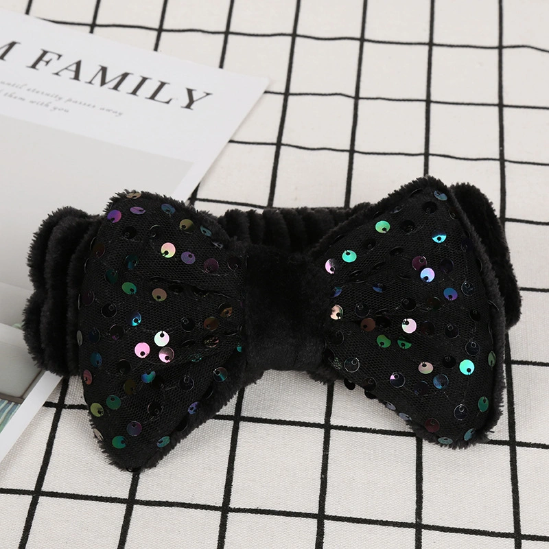 Wholesale Custom Logo Makeup Headbands Fashion Women Soft Wash Face Make up Hair Band SPA Bowknot Sequin Headband for Ladies