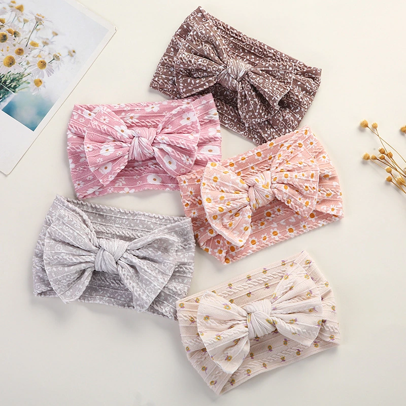 Wholesale Soft Jacquard Nylon Bow Summer Floral Print Headband for Baby