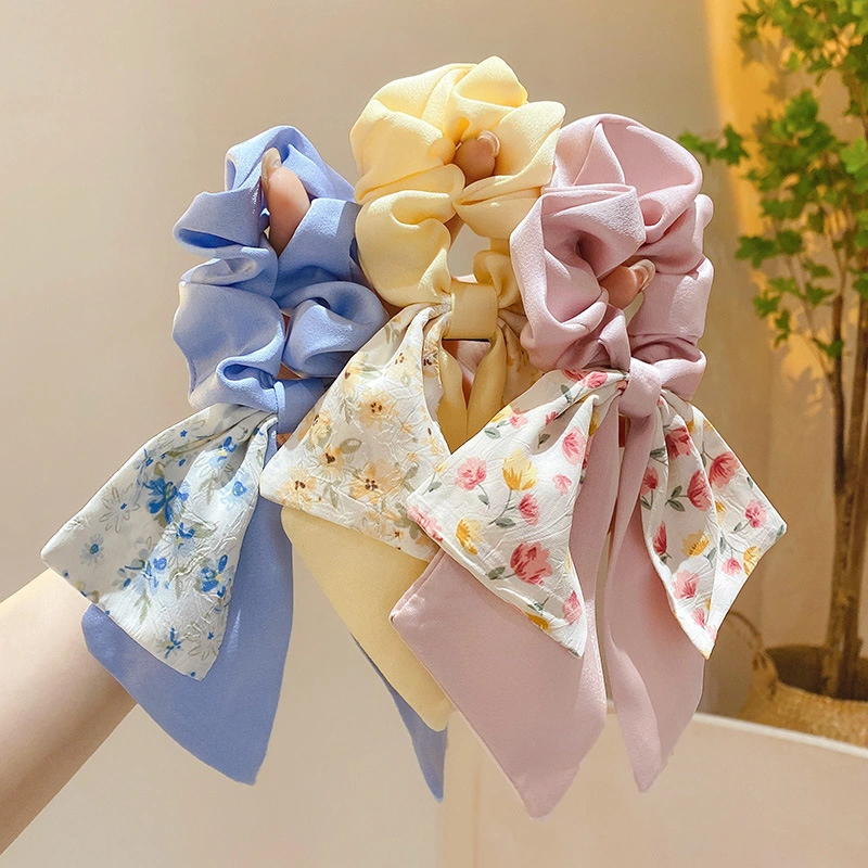 Wholesale French Bow Wome&prime;s Headband Floral Silk Scarf Large Hair Scrunches Latest Fashion Printed Ribbon Bow Hair Bands