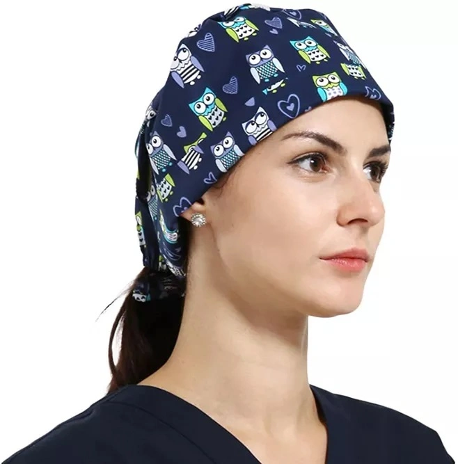 Multi Color 100% Cotton Back Ties Woman Nurse Scrub Caps Hospital Surgical Printing Dentist Hats