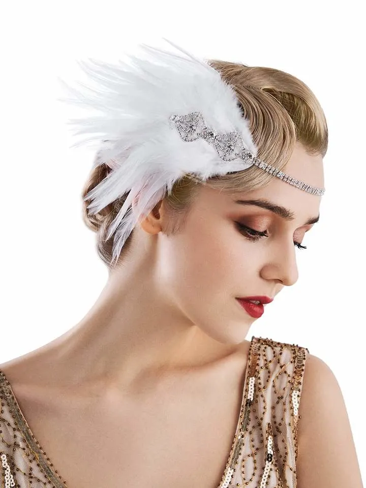 Flapper Headband 1920s Headpiece Rhinestone Feather Hair Accessories for Women