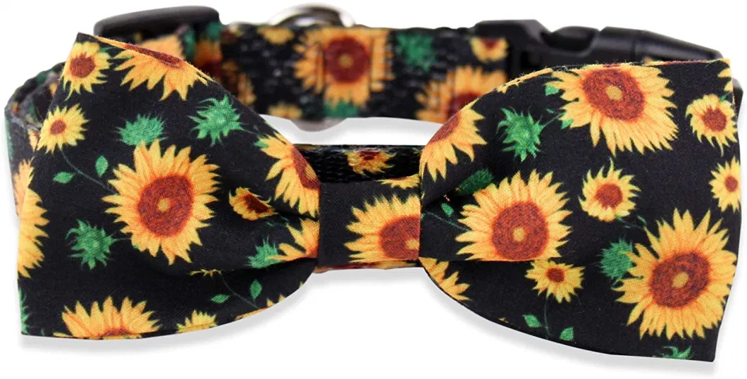 1-Sunflower in Black Bow Tie Dog Collar and Leash Set,Adjustable Cute Plaid Soft Dog Bowtie Collar Bandana and Leash, Dog Accessories for Small Medium Dogs Cats