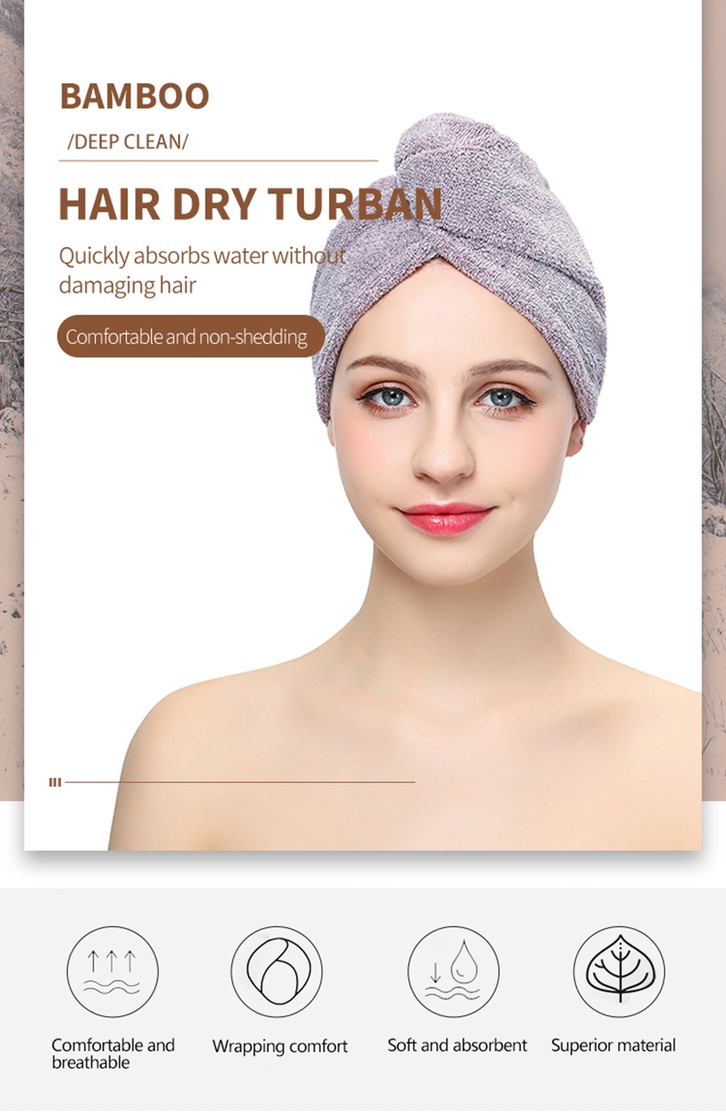 Fast-Dry Hair Drying Turban Quick Drying Hair Turban Absorbent Bamboo Charcoal Hair Towel Turban