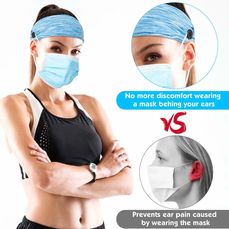 Non Slip Button Hairbands for Nurses and Doctors Face Mask, Moisture Wicking Sweatband Sports Head Wrap Headband with Buttons for Yoga Sports Outdoor Activities