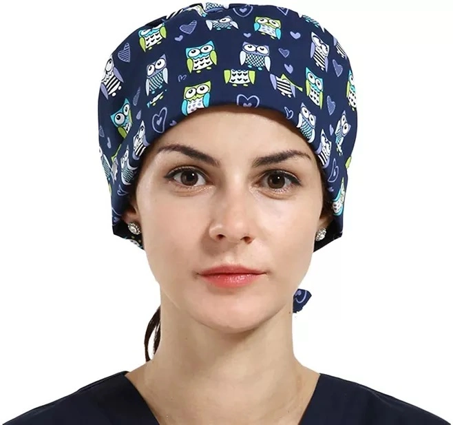 Multi Color 100% Cotton Back Ties Woman Nurse Scrub Caps Hospital Surgical Printing Dentist Hats