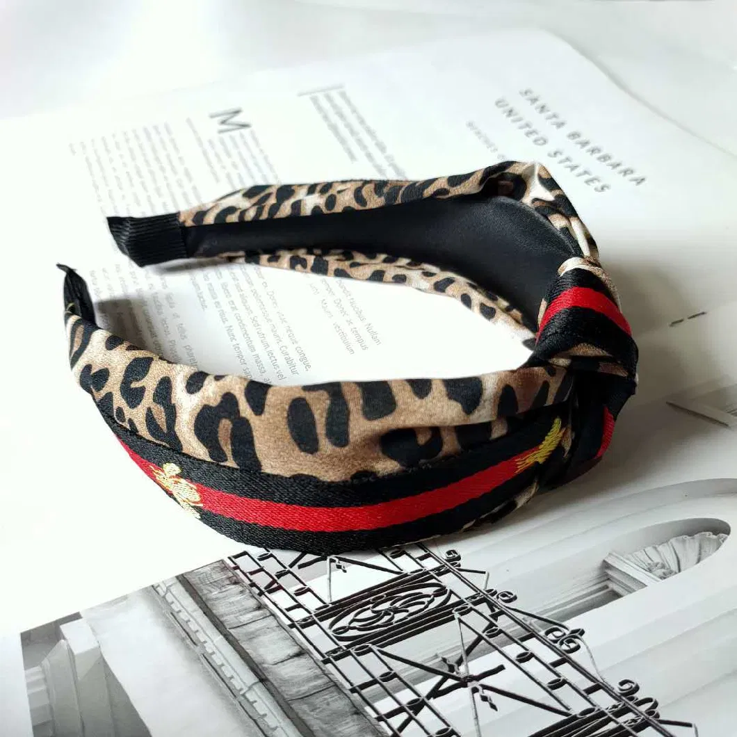 Wholesale Fashion Retro Leopard Printing Fabric Headdress Wide Side Stitching Solid Color Stripe Cloth Cross Knotted Hair Bands