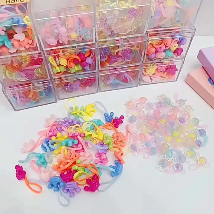 48PCS Set Box Packaging Kids Hair Ring Cute Crown Bear Flower Colorful Elastic Rubber Band