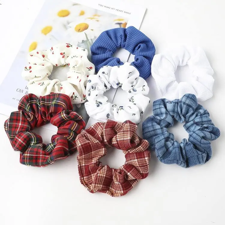 Korean Style New Cotton Waffle Floral Fold Large Intestine Hair Ring Simple Elastic Headband