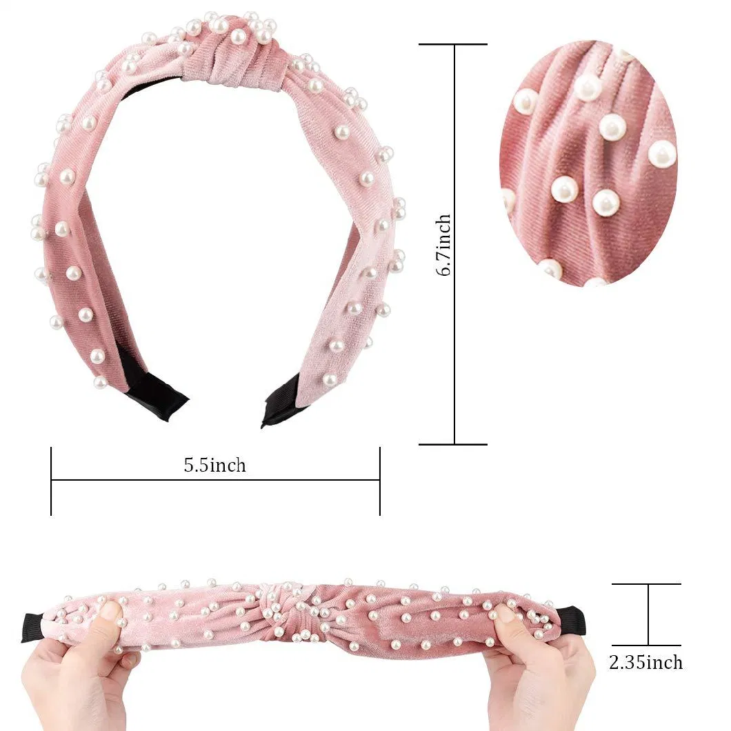 Fashion Jewelry Knot Pearl Women Hair Band Wide Velvet Pearl Knot Headband