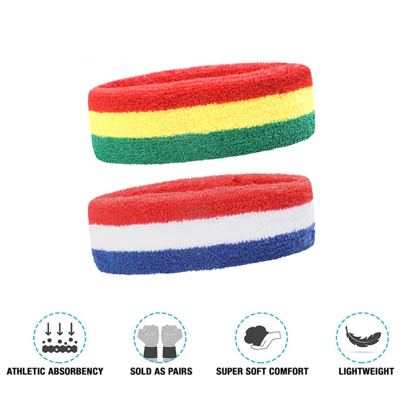 Amazon Hot Selling Colorful Towel Sports Sweat Wicking Head Band, Custom Logo High Stretchy Sweatbands Striped Terry Cloth Sweat Tennis Headbands