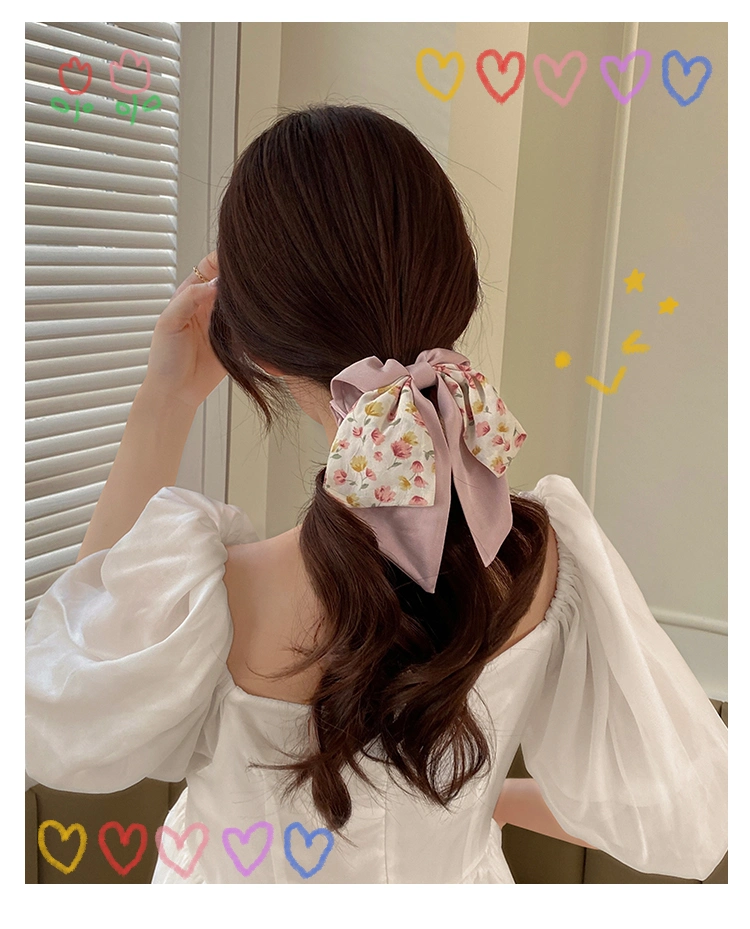 Wholesale French Bow Wome&prime;s Headband Floral Silk Scarf Large Hair Scrunches Latest Fashion Printed Ribbon Bow Hair Bands