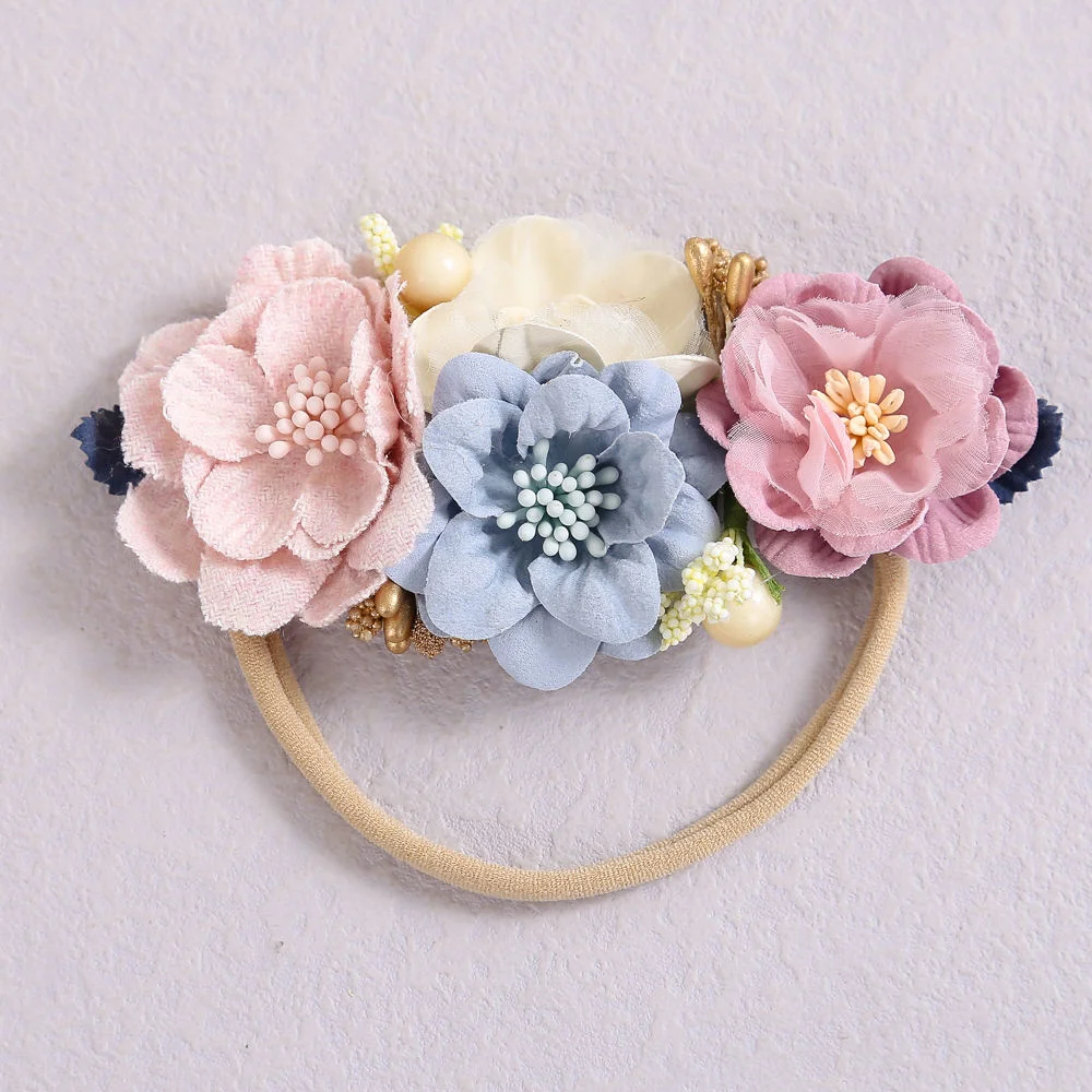 Seamless Artificial Floral Nylon Scrunchie Toddler Kids Hair Band Flower Headband