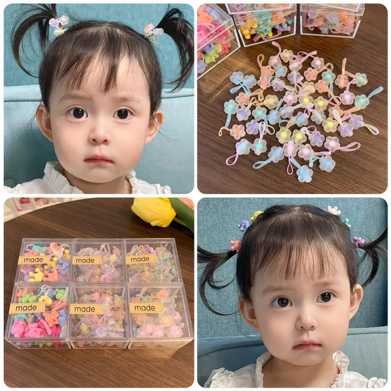 48PCS Set Box Packaging Kids Hair Ring Cute Crown Bear Flower Colorful Elastic Rubber Band