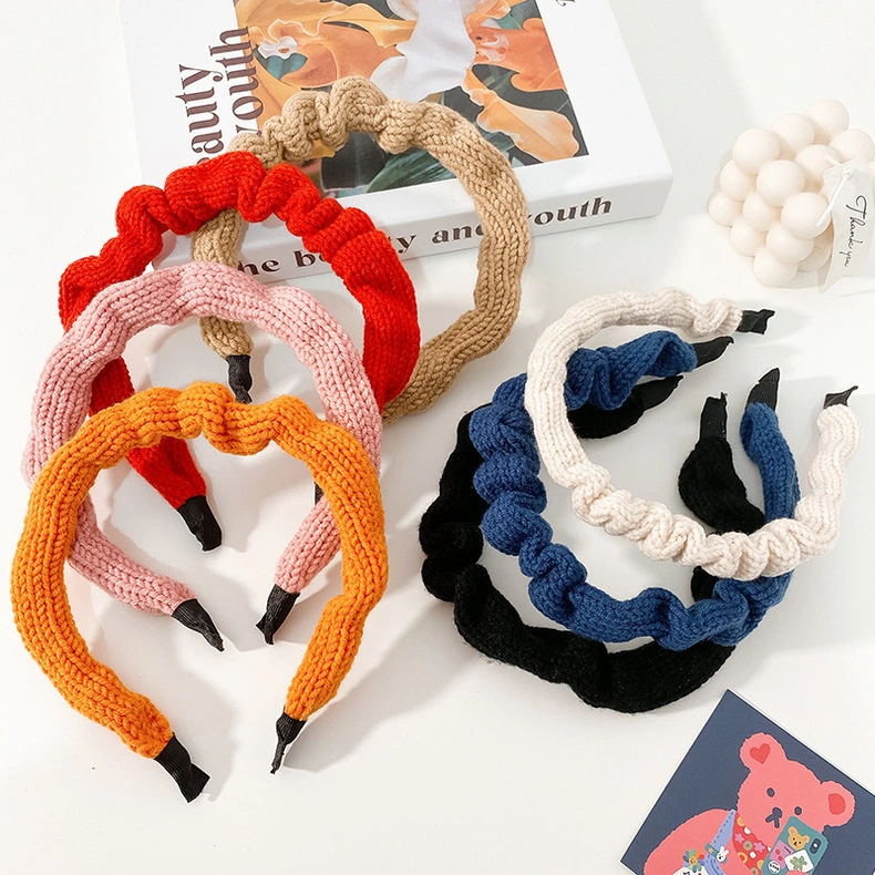 High Quality Autumn Winter Hair Accessories Solid Color Hairband Pleated Knitting Headband Women Knitted Head Hoop Hair Bands