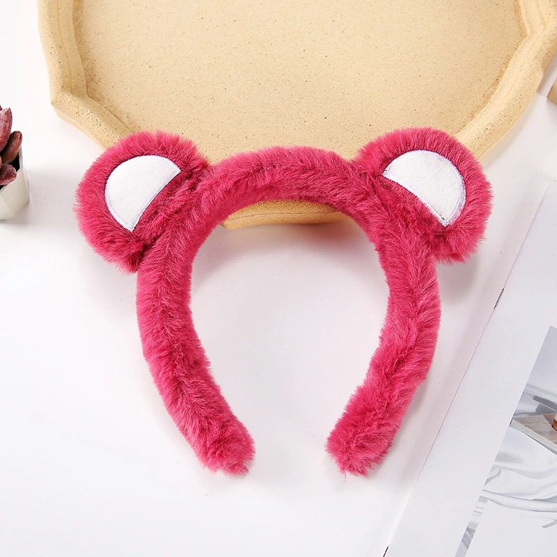 Ins Cute Plush Strawberry Bear Hair Band Lady Pink Rose Red Ears Hair Hoop