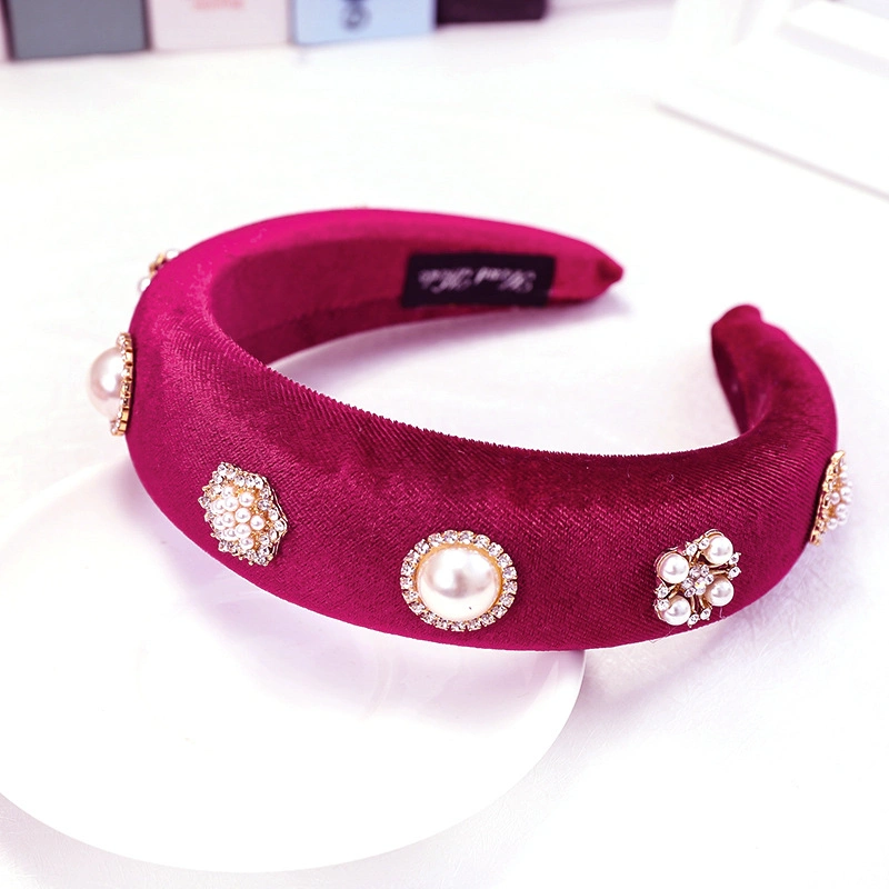 Hot Sponge Wide Edge Hair Band Simple and Versatile Pearl Rhinestone Velvet Headband