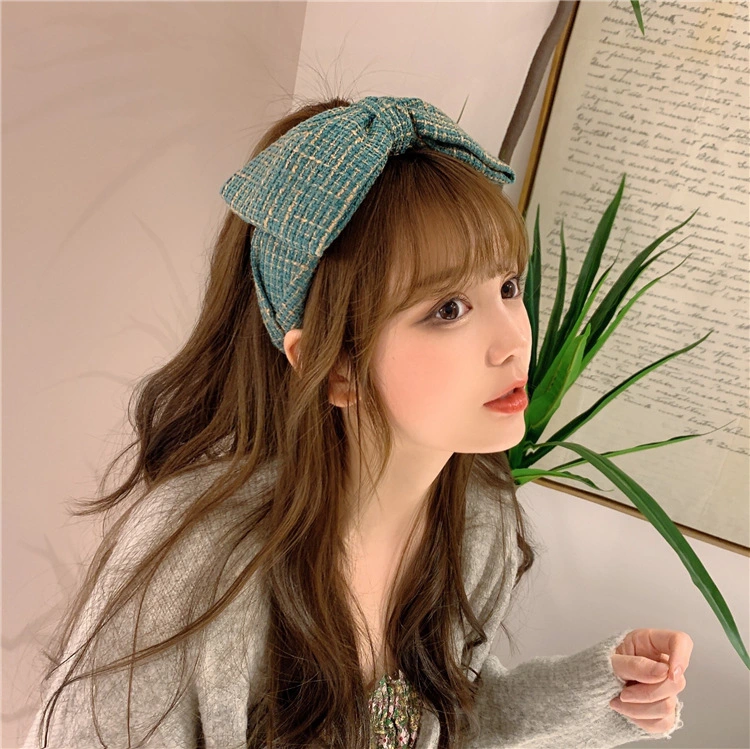 Korean Style Large Bow Headband Vintage High Skull Top Hair Band Plaid Wash Face Shows Small Hair Bands