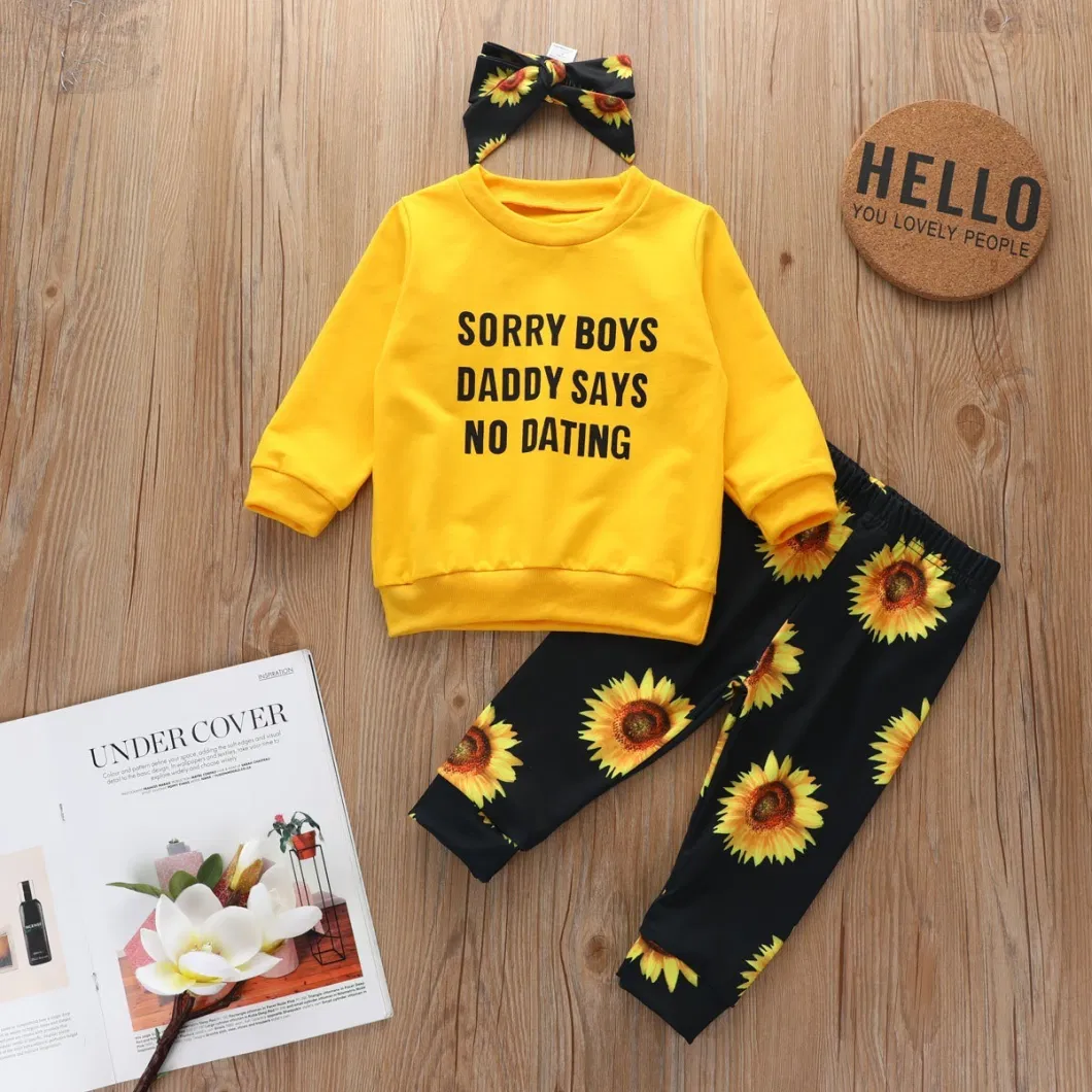 Children Clothes Set Letter Print Long Sleeve Sweatshirt Top and Sunflower Long Pants with Bow Headband Kids Casual Winter Outfit Esg16497