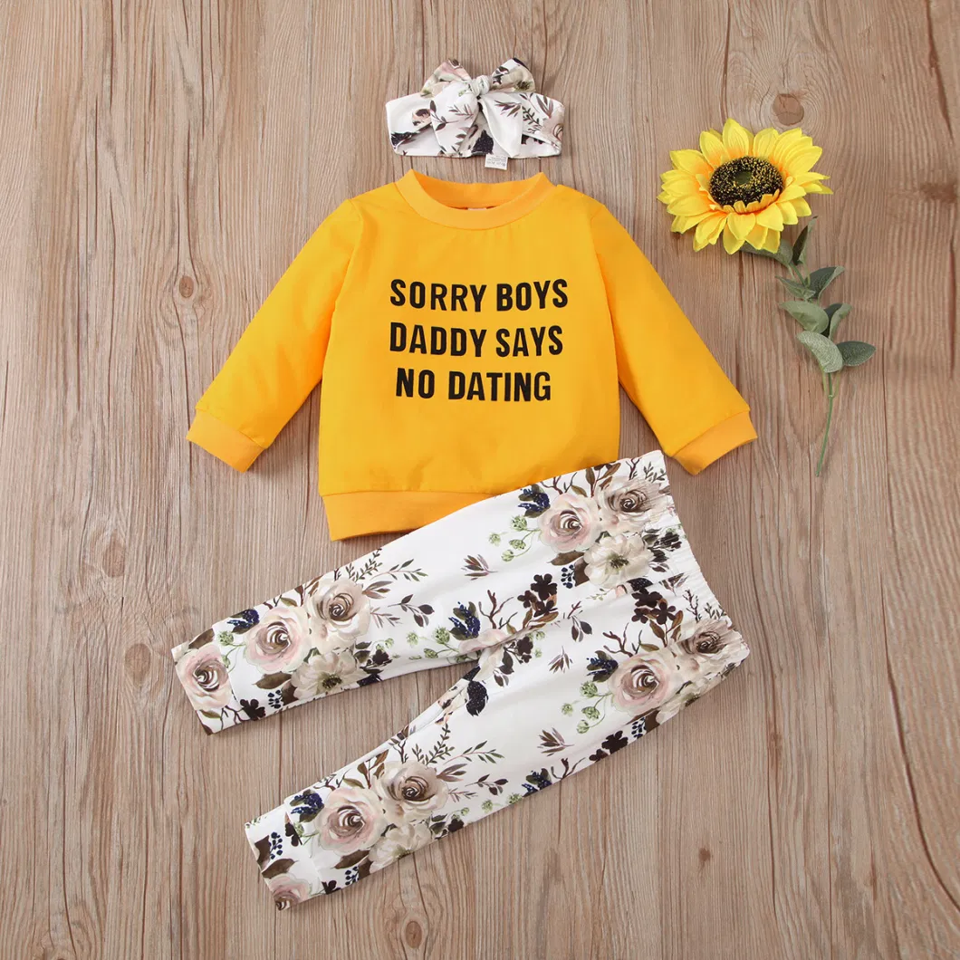 Children Clothes Set Letter Print Long Sleeve Sweatshirt Top and Sunflower Long Pants with Bow Headband Kids Casual Winter Outfit Esg16497