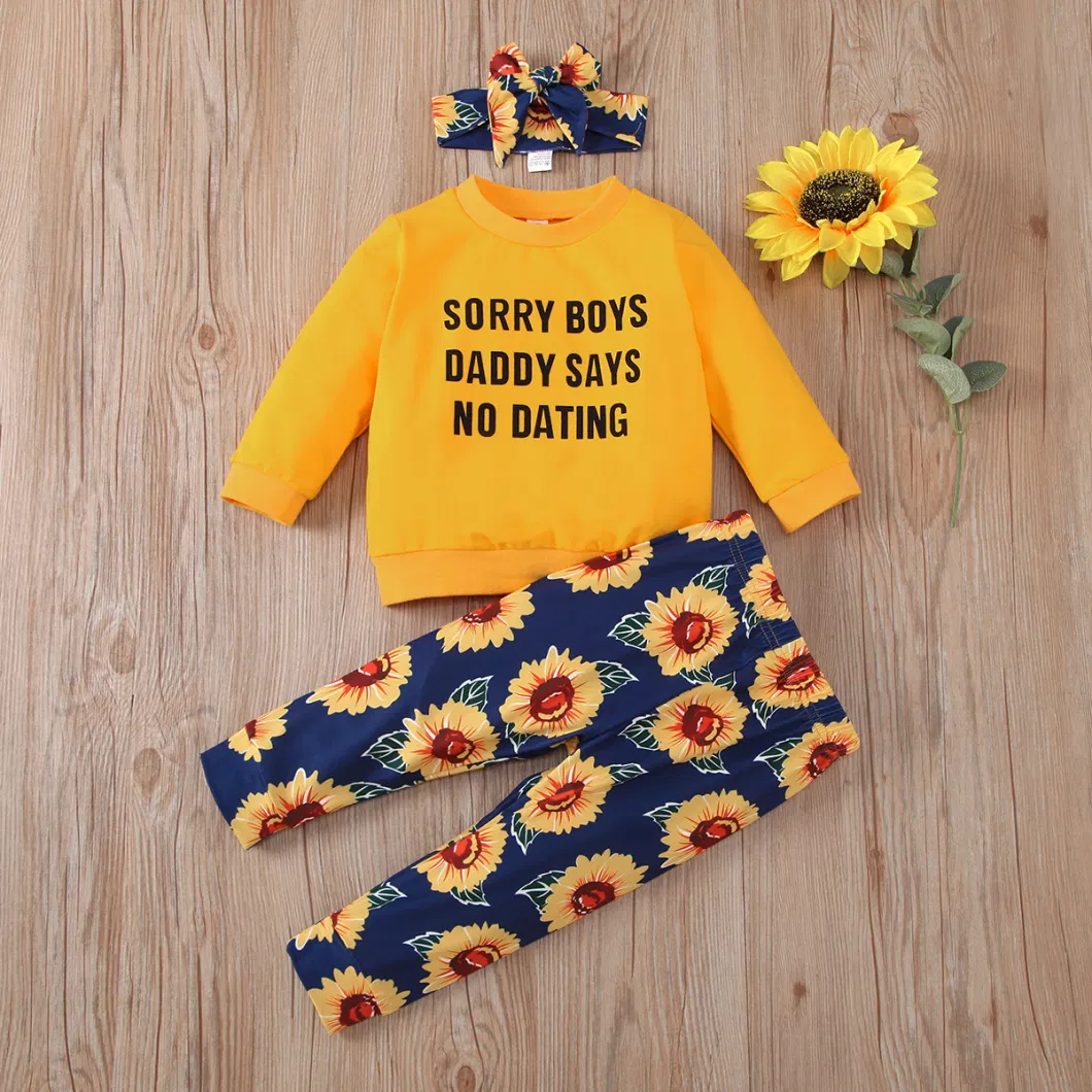 Children Clothes Set Letter Print Long Sleeve Sweatshirt Top and Sunflower Long Pants with Bow Headband Kids Casual Winter Outfit Esg16497